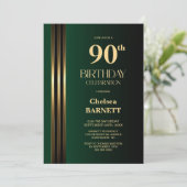 Invitation Gold Striped Black Green 90th Birthday Party (Debout devant)