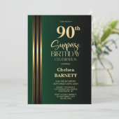 Invitation Gold Striped Black Green 90th Surprise Birthday (Debout devant)