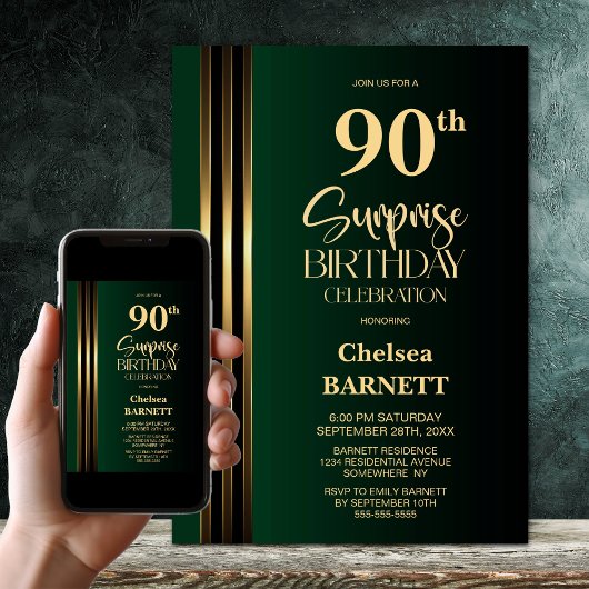 Invitation Gold Striped Black Green 90th Surprise Birthday