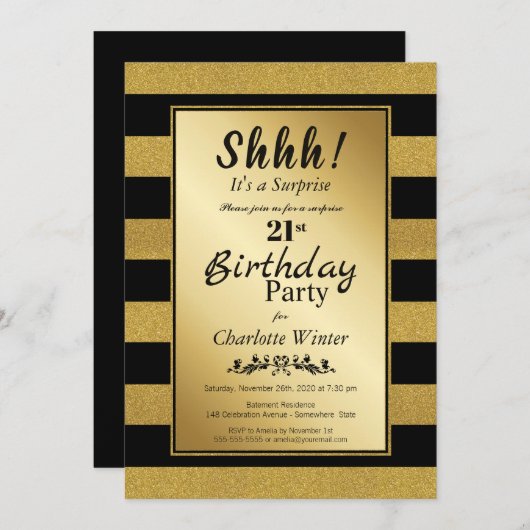 Invitation Gold Striped Surprise 21e anniversaire (Devant / Derrière)