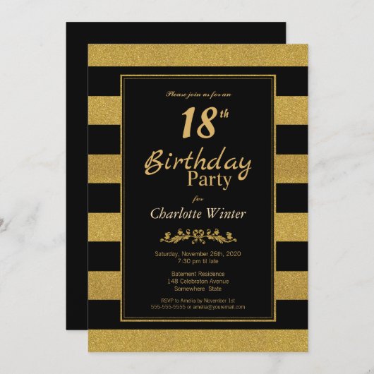 Invitation Gold Stripes 18e fête d'anniversaire (Devant / Derrière)