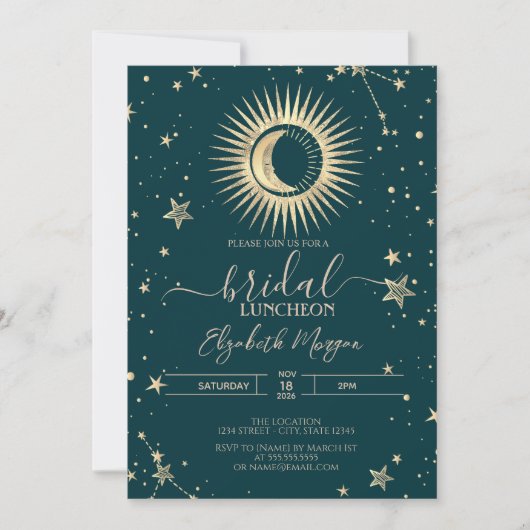 Invitation Gold Sun And Moon Stars Green Bridal Luncheon (Devant)