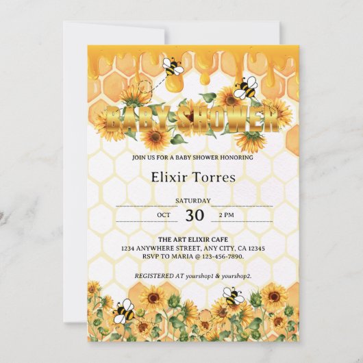 Invitation Gold Sunflower Honeycomb Honeybee Baby shower (Devant)