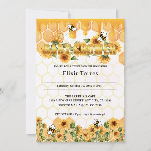 Invitation Gold Sunflower Honeycomb Honeybee Baby shower (Devant)
