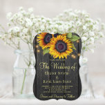 Invitation Gold sunflowers rustic country barn wood wedding<br><div class="desc">Rustic country wedding celebration and reception stylisdur Invite invitplate on dark brown barn wood background featuring big yellow gold sunflowers bouquets, strings of twinkle lights and a faux gold typographiy script. You can choose to customize it further changing fonts and colors of lettering. The Invite is suitable for outdoor garden...</div>