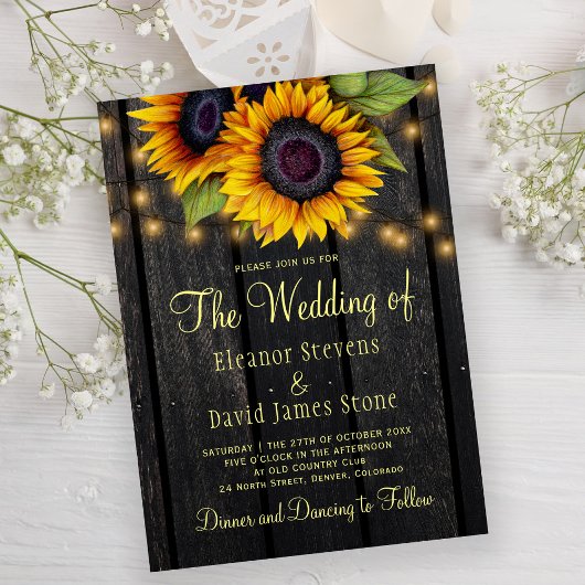 Invitation Gold sunflowers rustic country barn wood wedding