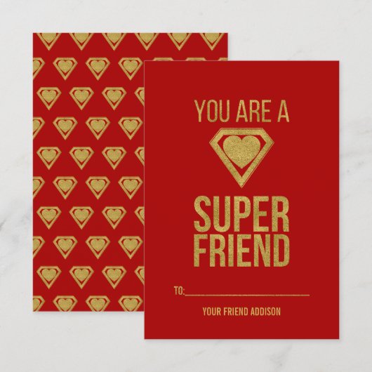 Invitation Gold Superhero Friend Classroom Valentine Card Rou (Devant / Derrière)