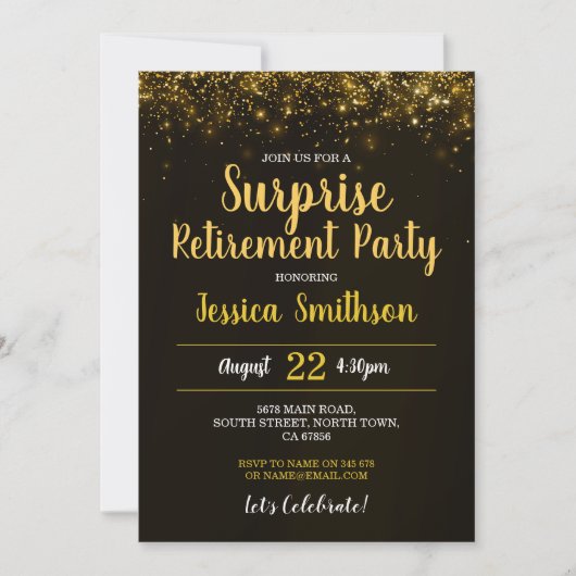Invitation Gold Surprise Retirement Glitter Party Black  (Devant)