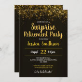 Invitation Gold Surprise Retirement Glitter Party Black  (Devant / Derrière)