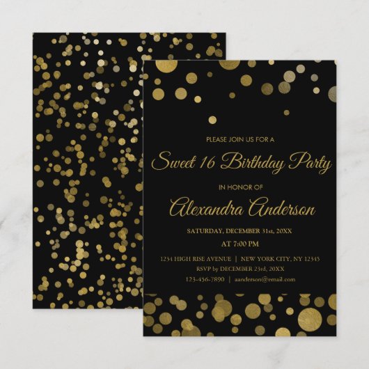 Invitation Gold Sweet 16 Anniversaire Party Gold Confetti (Devant / Derrière)