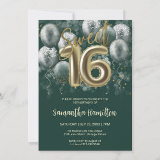 Invitation Gold Sweet 16 Anniversaires Balloons Party Emerald