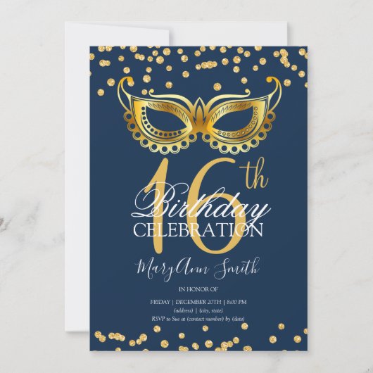Invitation Gold Sweet 16 Masquerade Party Parties scintillant (Devant)