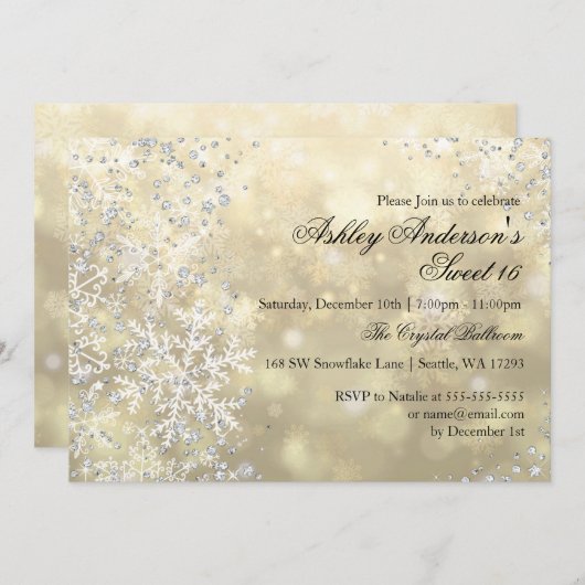 Invitation Gold Sweet 16 Winter Wonderland Sparkle Snowflakes