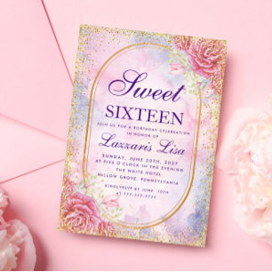 Invitation Gold Sweet sixteen Floral Surprise fête d'annivers
