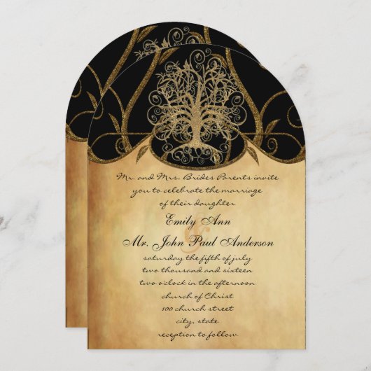 Invitation Gold Swirl Tree Gold & Black Metallic Mariage (Devant / Derrière)