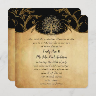 Invitation Gold Swirl Tree Gold & Black Metallic Mariage