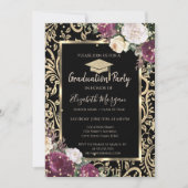 Invitation Gold Swirls Diamonds Bourgogne Fleurs Graduation (Devant)