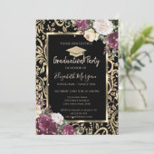 Invitation Gold Swirls Diamonds Bourgogne Fleurs Graduation (Debout devant)