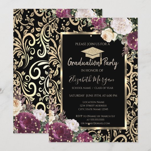 Invitation Gold Swirls Diamonds Bourgogne Fleurs Graduation (Devant / Derrière)