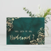 Invitation Gold Swirls Emerald Green Bridesmaid Card (Debout devant)