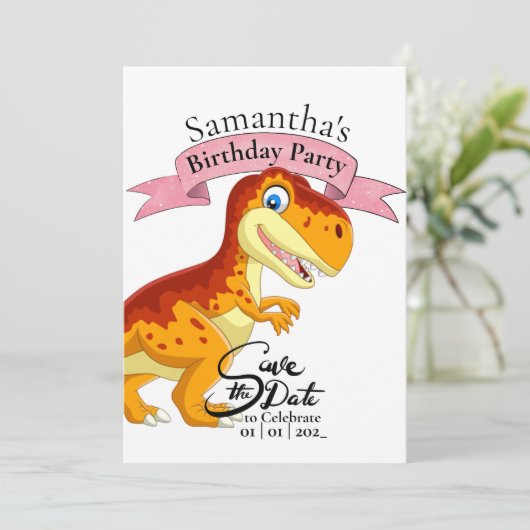 Invitation Gold T Rex, fille d'anniversaire (Debout devant)