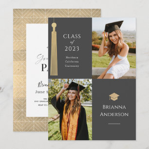 Invitation Gold Tassel & Casquette 2 Photo Graduation Grey