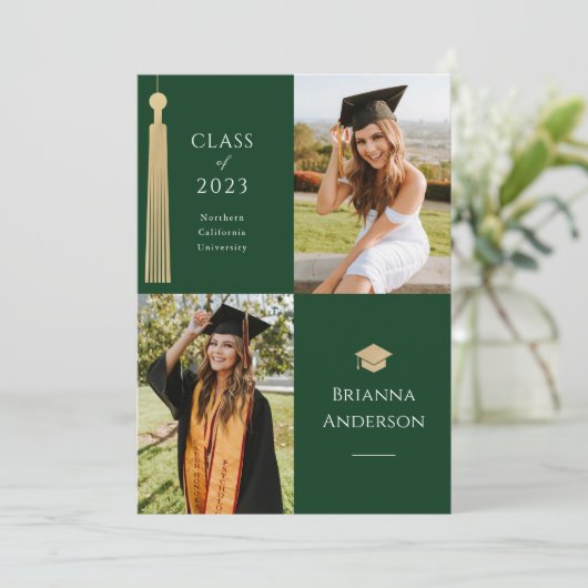 Invitation Gold Tassel & Casquette 2 Photo Green Graduation (Debout devant)