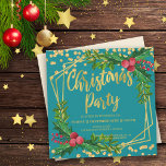 Invitation Gold Teal Floral Holly Glitter