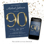 Invitation Gold Text Navy Blue Classy 90th Birthday Party<br><div class="desc">Gold Text Navy Blue Classy 90th Birthday Party Invitation. Invitation d'anniversaire simple mais classe avec le jalon de l'année de naissance dans l'effet texte or solide! Il s'agit d'un modèle modifiable qui pourrait être utilisé pour les hommes et les femmes. Une version avec photo est également disponible dans cette collection...</div>
