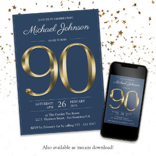 Invitation Gold Text Navy Blue Classy 90th Birthday Party