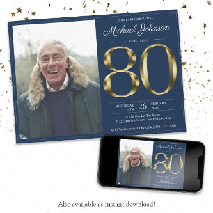 Invitation Gold Text Navy Blue Classy Photo 80e anniversaire