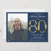Invitation Gold Text Navy Blue Classy Photo 80e anniversaire (Devant)