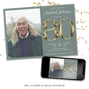 Invitation Gold Text Sage Green Classy Photo 80e anniversaire