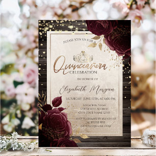 Invitation Gold Tiara, Bois Bourgogne Roses Quinceañera