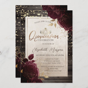 Invitation Gold Tiara, Bois Bourgogne Roses Quinceañera