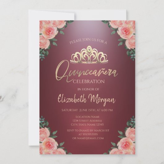 Invitation Gold Tiara Bourgogne Fleurs Roses Quinceañera (Devant)