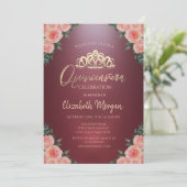 Invitation Gold Tiara Bourgogne Fleurs Roses Quinceañera (Debout devant)