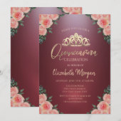 Invitation Gold Tiara Bourgogne Fleurs Roses Quinceañera (Devant / Derrière)