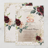 Invitation Gold Tiara,Burgundy Flowers  35th Birthday (Devant / Derrière)