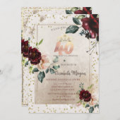 Invitation Gold Tiara,Burgundy Flowers  40th Birthday (Devant / Derrière)