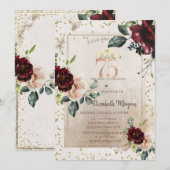 Invitation Gold Tiara,Burgundy Flowers  75th Birthday (Devant / Derrière)