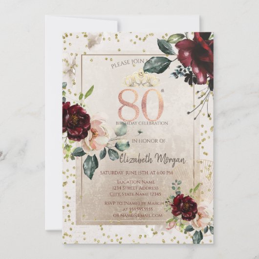 Invitation Gold Tiara,Burgundy Flowers  80th Birthday (Devant)