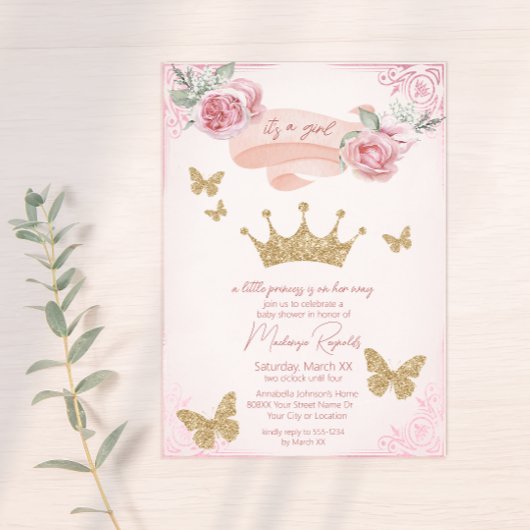 Invitation Gold Tiara & Butterflies Princess Baby shower
