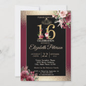 Invitation Gold Tiara Confetti Bourgogne Sweet 16 Party (Devant)