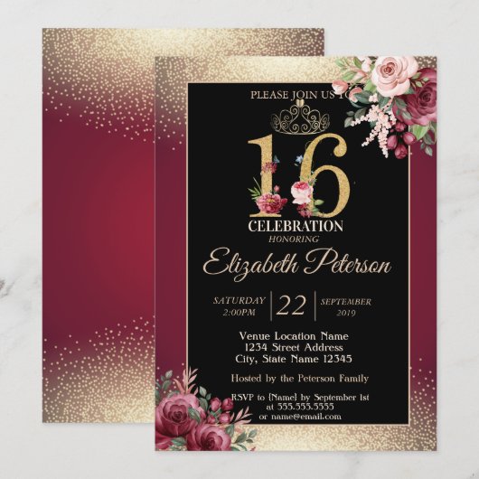 Invitation Gold Tiara Confetti Bourgogne Sweet 16 Party (Devant / Derrière)
