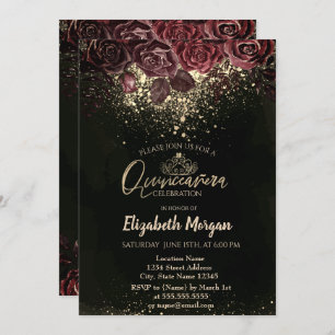 Invitation Gold Tiara, Confetti Fleurs Bourgogne Quinceañera