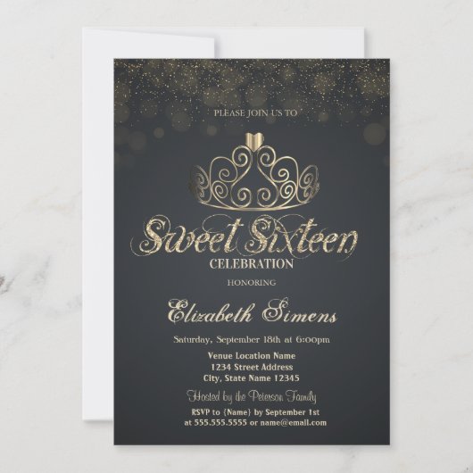 Invitation Gold Tiara Confetti Princess Gray Sweet 16 (Devant)