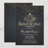 Invitation Gold Tiara Confetti Princess Gray Sweet 16 (Devant / Derrière)