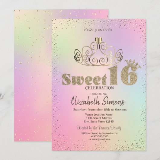 Invitation Gold Tiara Confetti Princesse Holographique Sweet (Devant / Derrière)