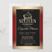 Invitation Gold Tiara Confetti, Red Sweet 16 Party (Devant)